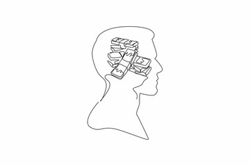 Poster - Continuous one line drawing the head of a man with pile of banknotes in the middle of his head. Estimated profit this week. Profit. Inside the Head of Man. Single line draw design vector illustration