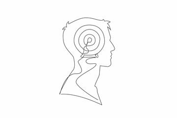 Poster - Single continuous line drawing head of a man with arrow target board in the middle of head. Focus on achieving success. Improve strategy. Inside the Head of Man. One line design vector illustration