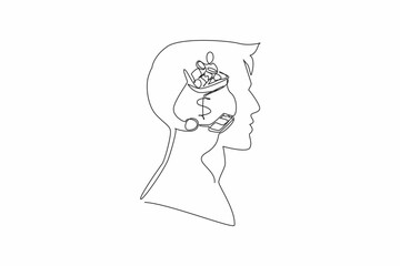 Poster - Single one line drawing head of man with an open money bag in the middle of his head. The best place to save money is to invest it. Inside the Head of Man. Continuous line design graphic illustration
