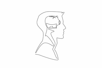 Poster - Single one line drawing the head of a young man with a piggy bank in the middle of his head. Investing for financial freedom. Save. Inside the Head of Man. Continuous line design graphic illustration
