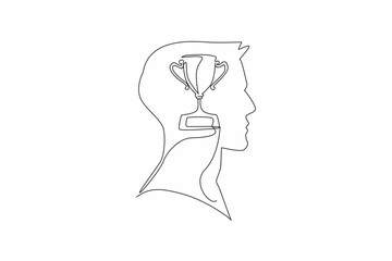 Poster - Single continuous line drawing head of a man with a trophy in the middle of his head. Always think about being a champion. The ambitious. Inside the Head of Man. One line design vector illustration
