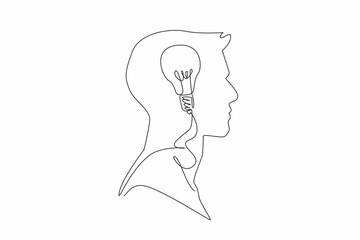 Poster - Single continuous line drawing the head of a man has a lightbulb in the middle of his head. A brilliant idea that comes suddenly. Creative. Inside the Head of Man. One line design vector illustration
