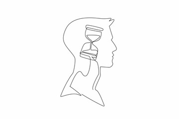 Poster - Single continuous line drawing the head of a young man with an hourglass in the middle of his head. Counting down to resign from work. Inside the Head of Man. One line design vector illustration