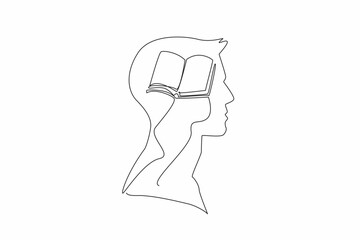 Poster - Continuous one line drawing the head of a man with an open book in the middle of his head. High knowledge. Like a walking book. Inside the Head of Man. Single line draw design vector illustration