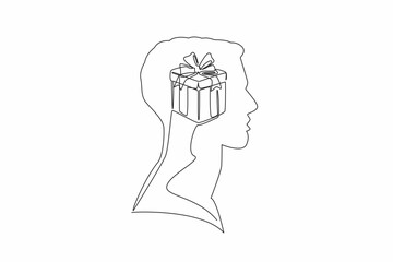 Poster - Continuous one line drawing the head of a man with a gift box in the middle of his head. Will give the most beautiful gift. Elegant. Inside the Head of Man. Single line draw design vector illustration