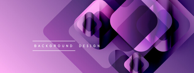 Poster - Abstract purple design features overlapping squares, creating layered geometric effect. Gradient background adds depth, modern aesthetic.