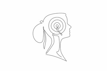 Poster - Single one line drawing head of woman with arrow target board in the middle of her head. Thinking about focus to achieve success. Inside the Head of Woman. Continuous line design graphic illustration