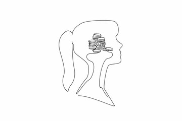 Poster - Single one line drawing the head of a woman with a pile of coins in the middle of her head. A little pile that will be hilly. Inside the Head of Woman. Continuous line design graphic illustration