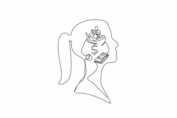 Poster - Continuous one line drawing the head of a woman with an open money bag in the middle of her head. Thinking of a windfall. Rich. Inside the Head of Woman. Single line draw design vector illustration