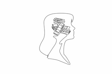 Poster - Single continuous line drawing the head of a woman with a pile of banknotes in the middle of her head. Consideration, spent or invested. Inside the Head of Woman. One line design vector illustration