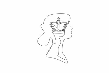 Poster - Single one line drawing the head of a young woman with a royal crown in the middle of her head. Get the title of honorary queen. Inside the Head of Woman. Continuous line design graphic illustration