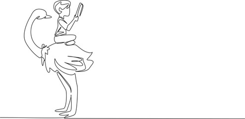 Poster - Single one line drawing boy reading book on cute ostrich. Sit cross legged and study seriously. Learn to be an observer. Boy Reading Book at Animal Back. Continuous line design graphic illustration