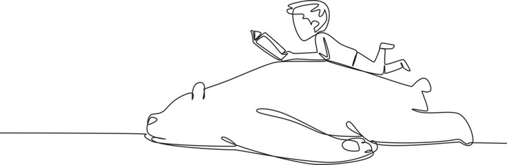 Poster - Single one line drawing boy reading book on cute bear. The lazy and the diligent who seek knowledge. Reading knowledge. Boy Reading Book at Animal Back. Continuous line design graphic illustration