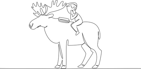 Poster - Single one line drawing boy reading book on cute moose. Seriously learn to count distribution of moose. Little observer. Boy Reading Book at Animal Back. Continuous line design graphic illustration