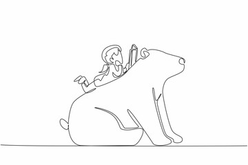 Poster - Single continuous line drawing girl reading book on cute polar bear. Lying on stomach reading a book. Reading fiction. The nerd. Girl Reading Book at Animal Back. One line design vector illustration
