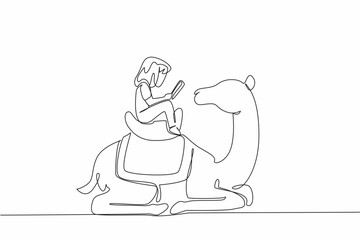 Poster - Continuous one line drawing girl reading book on cute camel. Reading the advantages of camels compared to other livestock. Girl Reading Book at Animal Back. Single line draw design vector illustration