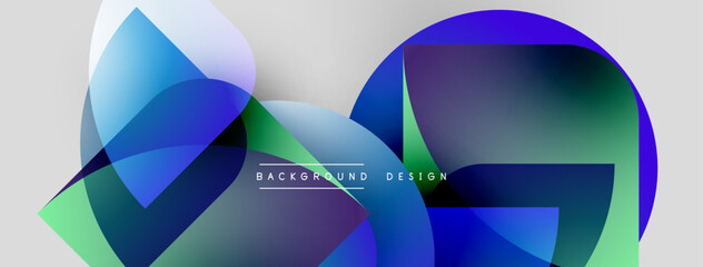 Poster - Abstract shapes overlap, creating vibrant blue, green gradients. Modern design elements suggest dynamic visual experience. Background features text background, design.