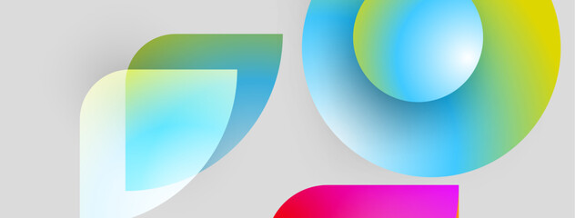 Poster - Abstract shapes overlap, creating vibrant color gradients. Modern design suggests innovation, technology, fluidity. Light hues dominate neutral background.