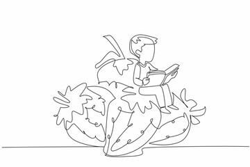 Poster - Single continuous line drawing boy reading on pile of strawberries. Learning how to harvest properly. Very satisfactory. Boy Reading Book at Vegetables and Fruits. One line design vector illustration
