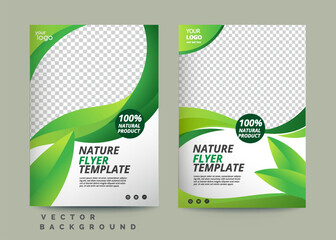 Green eco flyer, poster, brochure, magazine, annual report, booklet, cover banner template. Modern green leaf, environment design