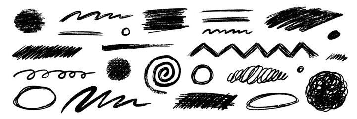 Aufkleber - Pencil brush crayon marker chalk texture line stroke element set. Hand drawn crayon pencil brush stroke texture line charcoal shape. Chalk scratch hand drawn style background. Vector illustration