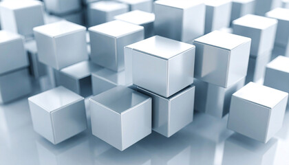 Aufkleber - a dense array of light-grey, metallic cubes of varying heights, reflecting light, creates an abstrac