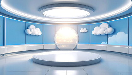 Poster - Circular room with a large portal showcasing a sunset, light blue walls adorned with cartoon clouds, a central platform, and futuristic-style lighting