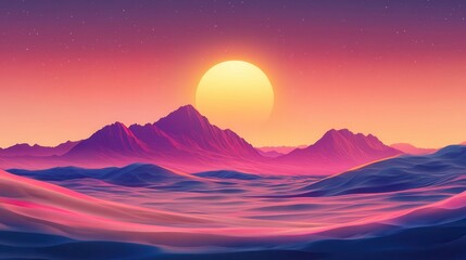 Wall Mural - Dreamy landscape with vibrant pink mountains under an orange sunset sky. Perfect for backgrounds needing a serene and otherworldly atmosphere.