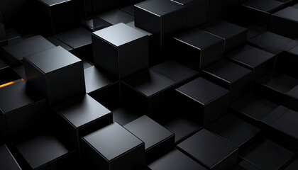 Poster - A dense field of dark, metallic cubes, subtly shifting in size and position, with a single glowing orange line accentuating depth