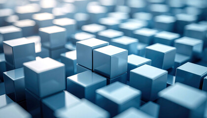 Poster - A dense field of light-blue, glossy cubes, some slightly elevated, creating a textured, three-dimensional surface with a shallow depth of field