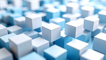Poster - Abstract 3D render of a field of light and dark blue cubes of varying heights, creating a textured, undulating surface
