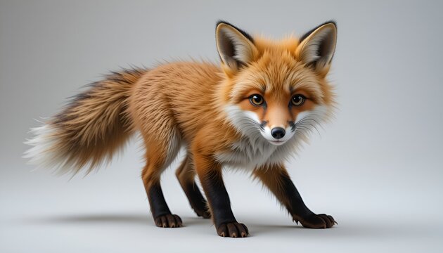 A poised red fox with bright eyes stands alert, set against a plain background in a detailed style.