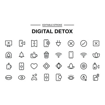 Digital detox icons in outline style isolated on white background