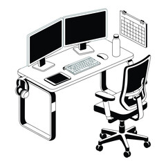 Aufkleber - Isometric view of a modern office desk setup with dual monitors