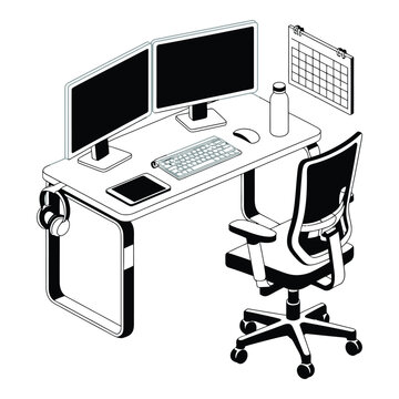 Isometric view of a modern office desk setup with dual monitors