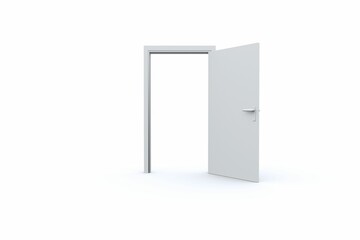 Poster - White hinged door and frame are opening in flat design white backdrop, with silver lever handle
