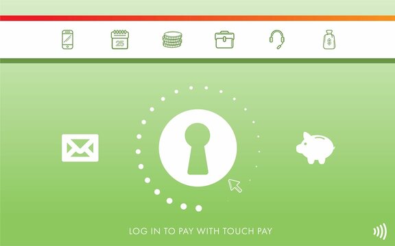 Image of green touch pay screen with text, digital media and central keyhole symbols, copy space