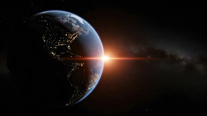 Wall Mural - dramatic earth sunrise over city lights from space in dark cosmic background