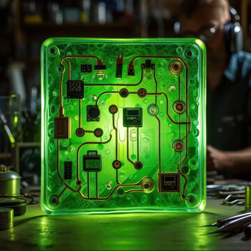 Glowing Green Circuit Board Art with Workshop Background.