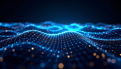 Poster - Abstract digital landscape of glowing blue and orange nodes forming interconnected waves on a dark background