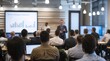 © VistaVisions - Business People Meeting and Working while Business Executive Lead Presenter Speaks to Group of Successful Technology Entrepreneurs. Consultant Advisor. Growth Training Lecture. Defocused Blurred