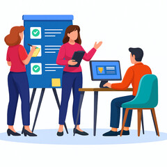 Fototapete - Business meeting illustration showcasing teamwork, planning, and project management, with a diverse team collaborating on strategic initiatives