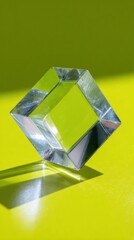 Fototapete - A clear crystal cube casting a shadow on a bright yellow surface in a studio setting with sunlight