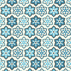  Seamless pattern with decorative flowers in blue and white colors
