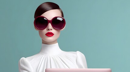 Poster - A magazine cover photo featuring a doctor engaged in a virtual consultation using a laptop, stylish and polished, high-end aesthetics, striking background, vivid colors