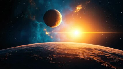 Planet space sun star bright light horizon cosmic sky universe atmosphere celestial body glowing sunrise starry nebula outer space view galaxy astronomy solar system orbit exploration cosmic horizon