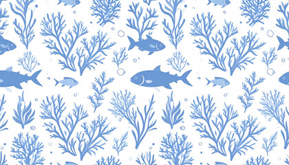 Poster - Seamless pattern of stylized blue fish and coral on a white background.  Simple, flat design with repeating elements