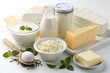 © AYESHA - Assortment of dairy products including cheeses milk butter and yogurt on white wooden background