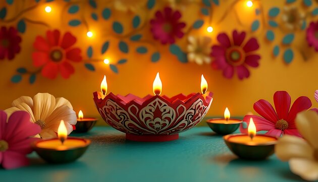 Diwali greeting card, floral patterns, diyas.