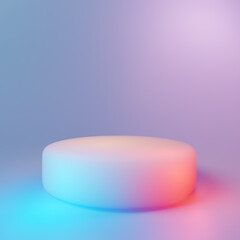 Fototapete - 3D rendering. Round pedestal bathed in a vibrant gradient of pink and blue light for product display